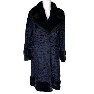 Astraka Faux Fur Penny Lane Coat Vintage Black with Brown Collar Cuffs Hem EUC